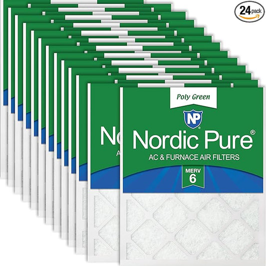 Nordic Pure 18x25x1 (Actual Size: 17 1/2 x 24 1/2 x 3/4) Poly Green MERV 6 AC Furnace Air Filters – Reduces Dust, Pollen, Pet Dander & Allergens – 24-Pack