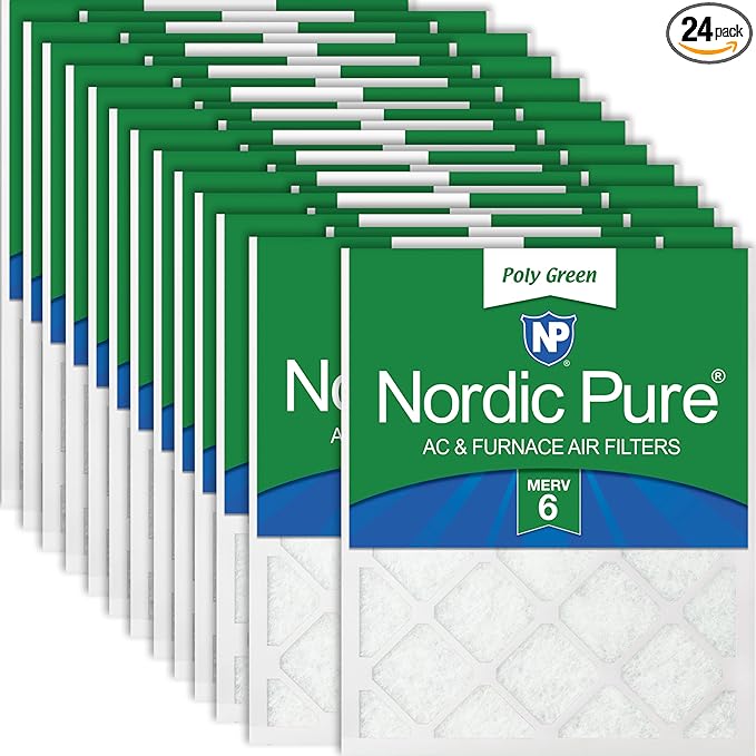 Nordic Pure 14x25x1 (Actual Size: 13 1/2 x 24 1/2 x 3/4) Poly Green MERV 6 AC Furnace Air Filters – Reduces Dust, Pollen, Pet Dander & Allergens – 24-Pack