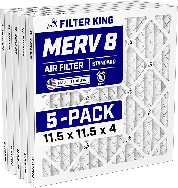 Filter King 11.5x11.5x4 Air Filter (MERV 8) (5-Pack) Dust & Allergy Control AC Furnace Filters, MADE IN USA, HVAC, Pleated, Electrostatic (Actual Size: 11.5 x 11.5 x 3.75)