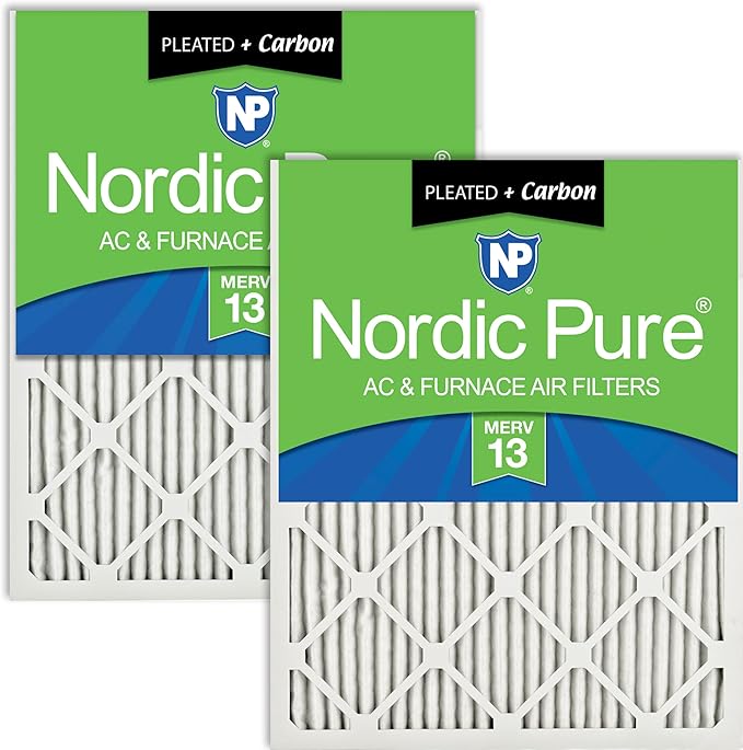 Nordic Pure 24x24x1 (Actual Size: 23 3/8 x 23 3/8 x 3/4) Pleated Air Filters MERV 13 Plus Carbon 2 Pack