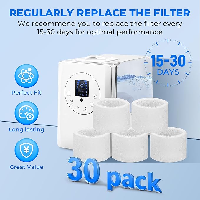 30-Pack Top Fill Humidifier Replacement Filters for LEVOIT Classic160, Dual150, Dual200S, Classic300(S), LV600S, OasisMist 450S, Superior6000S Series Humidifiers by Funmit