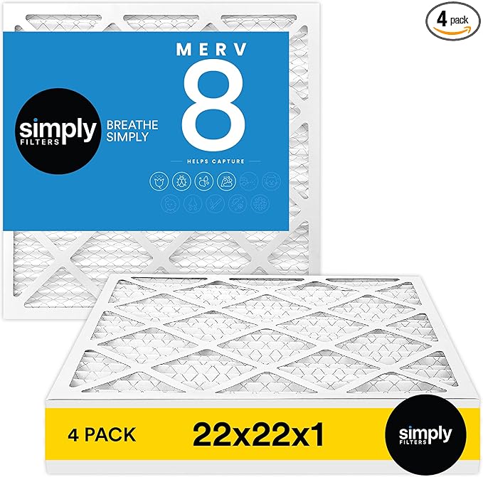 Simply 22x22x1 Air Filter, Merv 8, 4 Pack, For Home AC Furnace & HVAC (Actual Size: 21.87"x21.87"x0.75") DUST, Pet & Allergy Control,