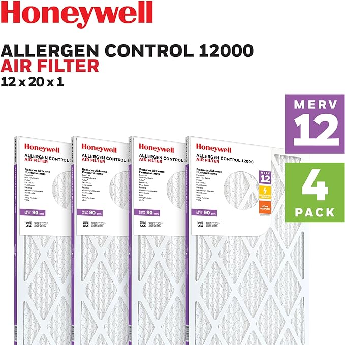 Honeywell 12x20x1 MERV 12 Electrostatic Pleated HVAC AC Furnace Air Filter (4-Pack) | Replacement Filter for Home Use | Made in USA