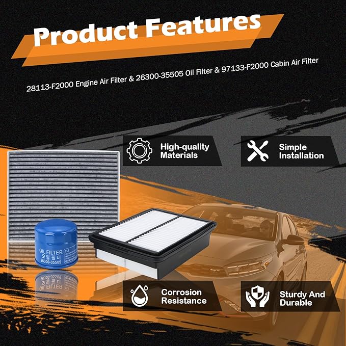 Kefly 28113-F2000 Engine Air Filter & 26300-35505 Oil Filter & 97133-F2000 Cabin Air Filter Fits for 2017-2020 Hyundai Elantra, 2019-2023 Kia Forte, 2020-2023 Forte5