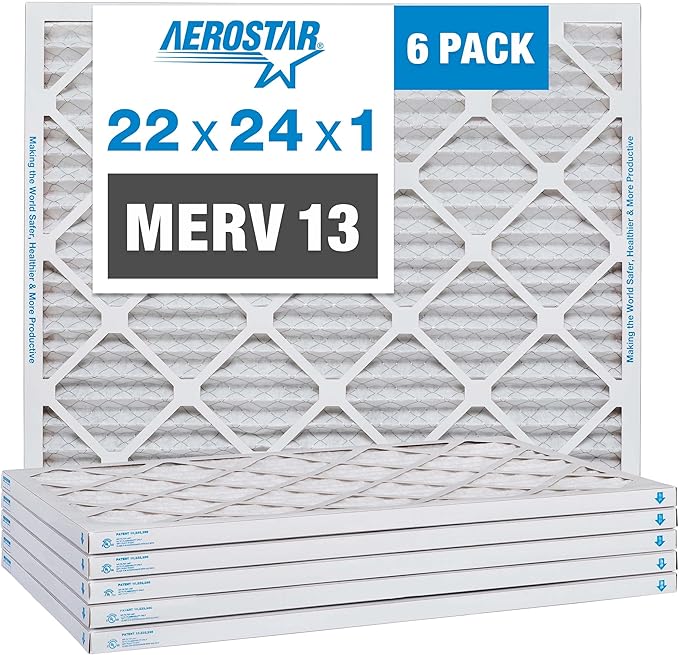 Aerostar 22x24x1 MERV 13 Air Filter, Pleated AC Furnace HVAC Filters (21.875x23.875x0.75), for Allergies Asthma Dust Pet Dander Pollen Smoke Bacteria, MPR 1200 FPR 7, USA, 6 Pack