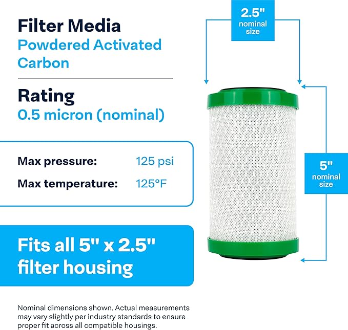 SpiroPure SP-CBR2-5 5x2.5 0.5 Micron NSF Certified Coconut Shell Carbon Block Water Filter Cartridge CBC-5 155169-43 (Case of 24)