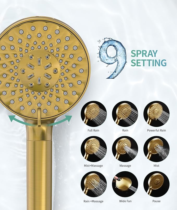 SR SUN RISE Filtered Shower Head with Handheld High Pressure 9 Spray Mode Showerhead Detachable Shower Head Water Softener Filters Beads for Hard Water Remove Chlorine 1 Filter Brushed Gold