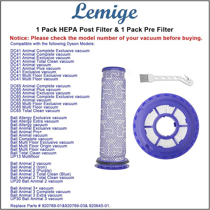 Lemige Vacuum Filters Replacement Parts for Dyson DC41 DC65 DC66 UP13 UP20 UP30 Animal, Multi Floor and Ball Animal 2 Aniaml 3 Vacuums, Part 920769-01&920640-01, 1 Pack Post Filter & 1 Pack Pre Filter