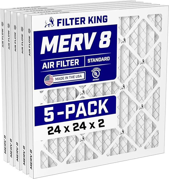 Filter King 24x24x2 Air Filter (MERV 8) (5-Pack) Dust & Allergy Control AC Furnace Filters, MADE IN USA, HVAC, Pleated, Electrostatic (Actual Size: 23.75 x 23.75 x 1.75)
