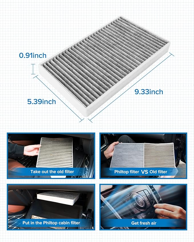 PHILTOP Cabin Air Filter w/Activated Carbon, Compatible with CF8791A Chevrolet Silverado 1500 1999-2002, Suburban, Avalanche, 2500 HD 3500, Tahoe, Fit for GMC Sierra and Cadillac Escalade, Pack of 2