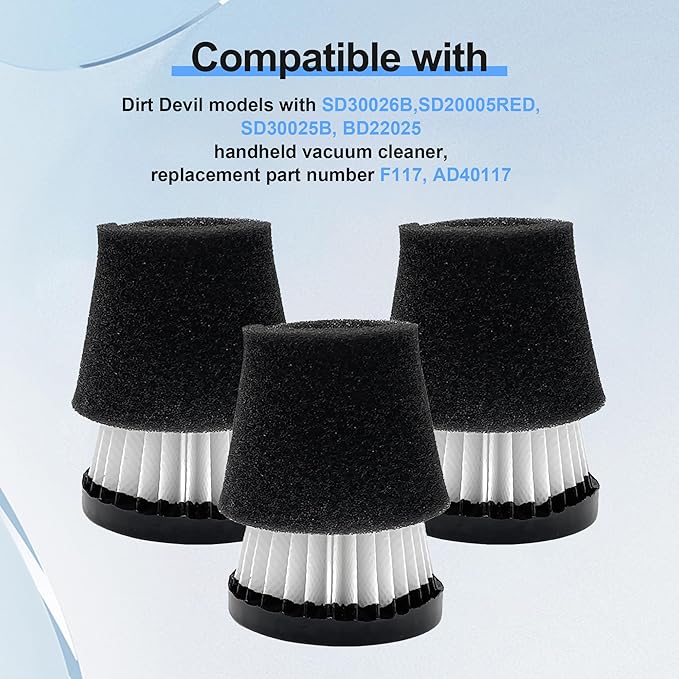 3 Pack Handheld Vacuum Cleaner Filter Compatible with Dirt Devil Scorpion Handheld Vacuum Cleaner Style F117, Compare to Part #AD40117