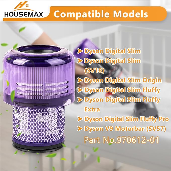 HOUSEMAX 2 Pack SV18 V9 Filter Replacement for Dyson Digital Slim Series Cordless Vacuum (V9/SV18/SV57), Replaces Parts 970612-01