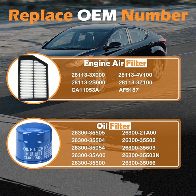 Kefly 28113-3X000 Engine Air Filter & 26300-35505 Oil Filter Fits for 2011-2016 Hyundai Elantra, 2014-2018 Kia Forte