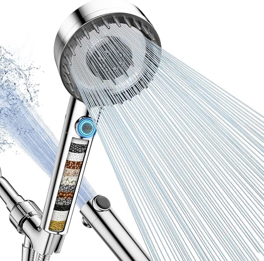 Filtered Shower Head with Handheld, High Pressure 4 Spray Mode Showerhead with Filters, Water Softener Beads for Hard Water with ON/OFF Switch for Pets - Remove Chlorine (Chrome, 5 Inch Panel)