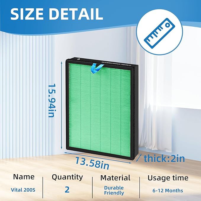 Vital 200S Toxin Absorber Replacement Filter for LEVOIT Vital 200S Air Purifier, 3-in-1 Filter and Efficiency Activated Carbon Filter, Replaces Vital 200S-RF-TX(LRF-V201-GUS), 2 Packs, Green