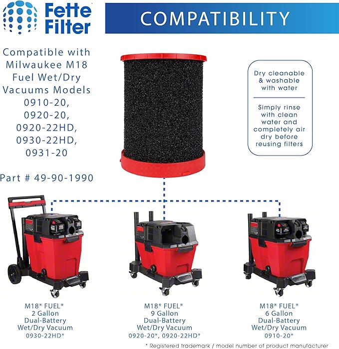 Fette Filter - 49-90-1990 Large Wet/Dry Vac Foam Wet Filter Compatible with Milwaukee M18 Fuel Wet/Dry Vacuums Models 0910-20, 0920-20, 0920-22HD, 0930-22HD, 0931-20 - Part # 49-90-1990 Pack of 2
