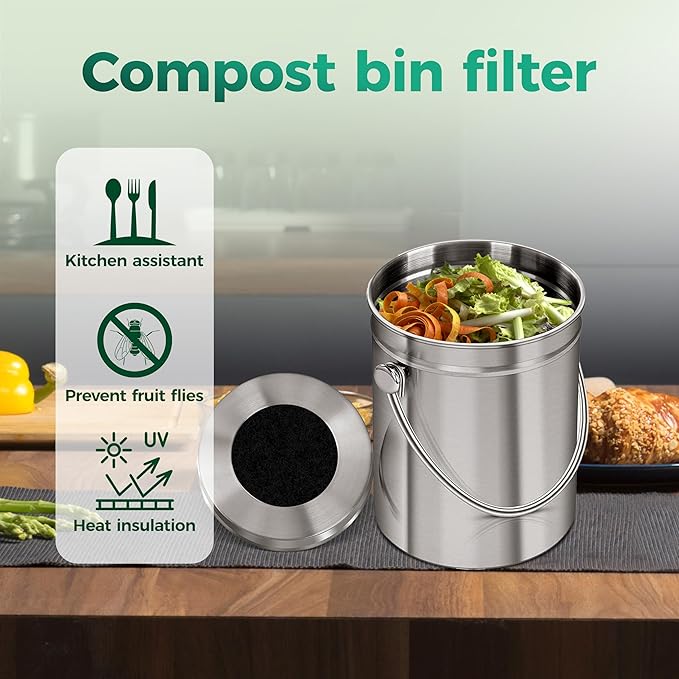 Fiber Cotton Activated Charcoal Compost Filters -7 Pack 7.3 Inch Round Odor Control Replacement for Kitchen Compost Bins, Countertop Compost Bin and Compost Bucket