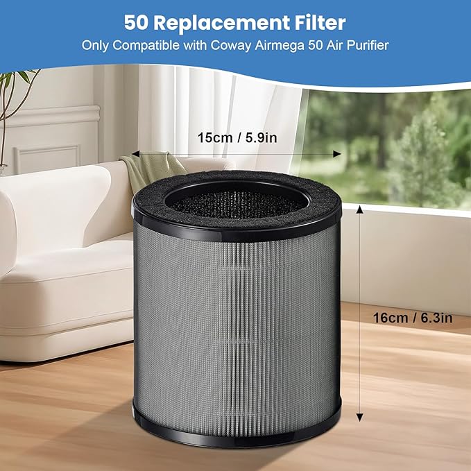 Airmega 50 Filter Replacement Compatible with Coway Airmega 50 Air Purifier, 3-IN-1 Hepa Filter, Deodorization Filter with Activated Carbon (1PCS)