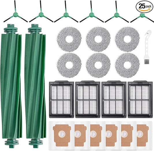 25 Pack Accessories for iRobot Roomba Plus 405 Combo / 505 Combo / 507 Combo Robot Vacuum Cleaner, Replacement Accessories 2 Main Brushes 6 Mop Pads 6 Dust Bag 6 Side Brush 4 Filters 1 Cleaning Brush