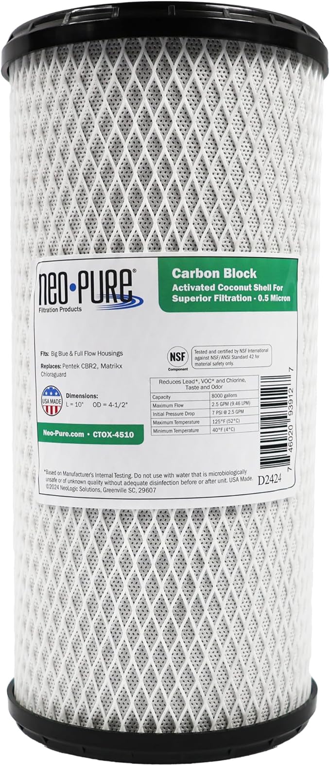 Neo-Pure CTOX-4510 Carbon Block Filter, 9-7/8" x 4-1/2" | Premium Coconut Shell Carbon for Enhanced Filtration | Reduces Chlorine, Taste, Odor & Other Contaminants