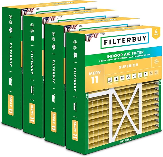 Filterbuy 16x20x5 Air Filter MERV 11 Superior Pet & Allergy Defense (4-Pack), Pleated HVAC AC Furnace Filters for Honeywell FC100A1003, Lennox X0592, and More (Actual Size: 15.75 x 19.75 x 4.38)