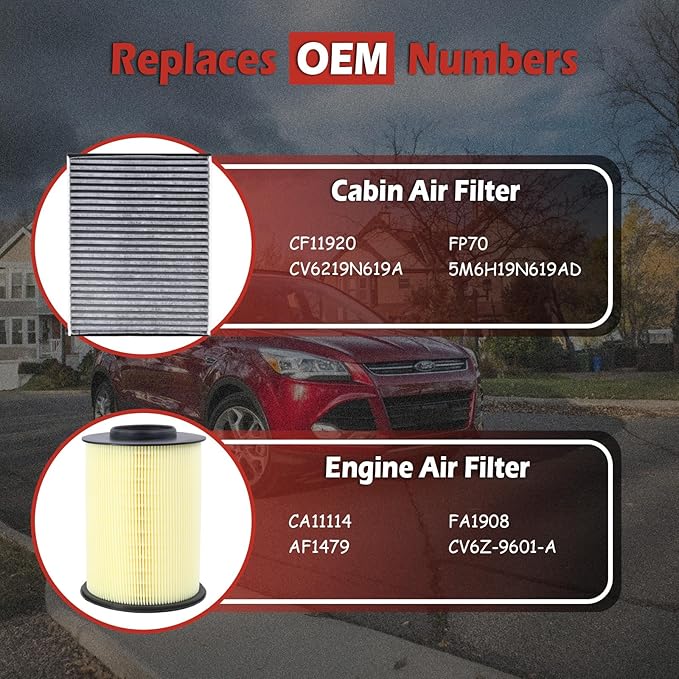 CA11114 Engine Air Filter and CF11920 Cabin Air Filter kit Compatible with 2013-2019 Ford Escape 2012-2018 Focus 2014-2016 Transit Connect 2015-2019 Lincoln MKC Replaces CV6Z9601A CV6219N619A