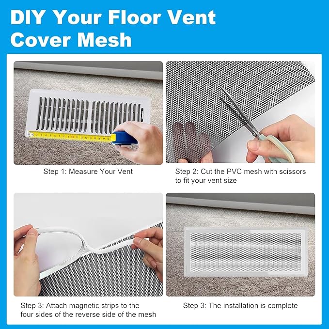 4 PCS DIY Magnetic Vent Covers– 7"x13" Customizable Air Register with Easy-to-Cut Mesh & Magnetic Strips, Perfect Fit for Floor/Wall/Ceiling Vents, Home Vent Solutions) (DIY-713white-4PCS)