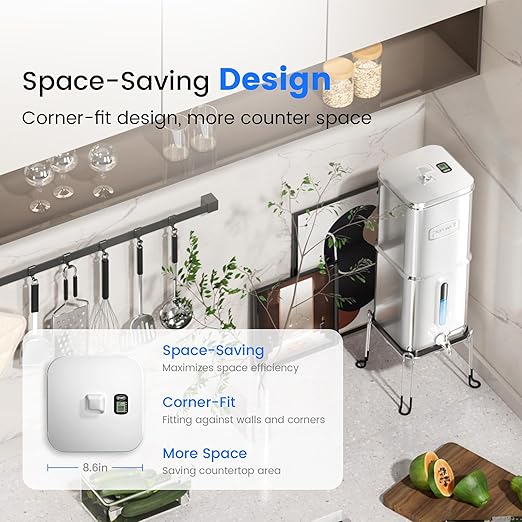 Purewell Square 2.25G Chlorine-Free Gravity Water Filter System with Water Level Window & Smart Timer, 3-Stage Filtration, Certified to Reduce Lead, Mercury, and Chlorine, SQ-2.25G