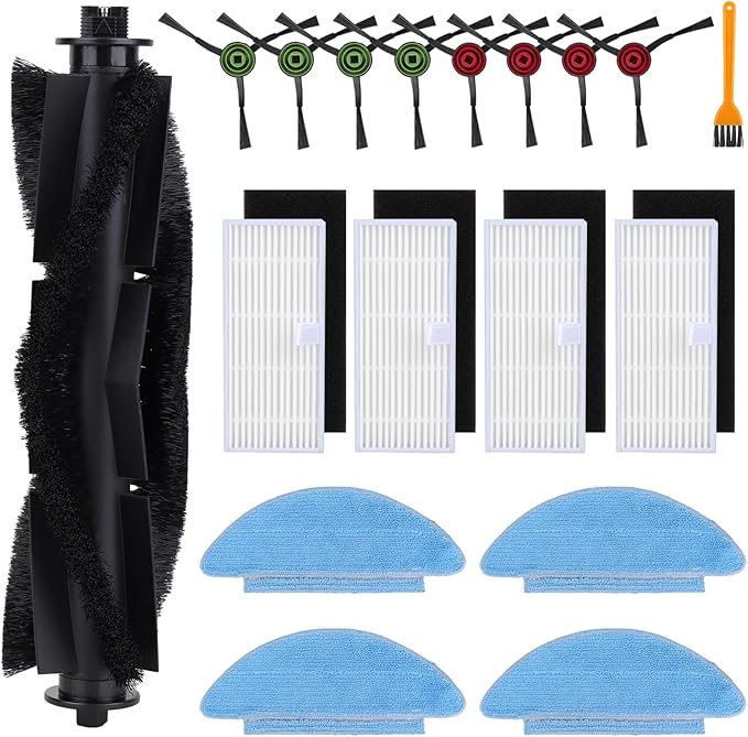 Replacement Parts for Tikom L9000,L8000,Lubluelu SL60D,HONITURE Q6 SE,Laresar L6 Nex Robotic Vacuum Cleaner - Spare Accessories - 1 Main Roller 8 Side Brushes 4 HEPA Filters 4 Mop Pads and 1 Brush
