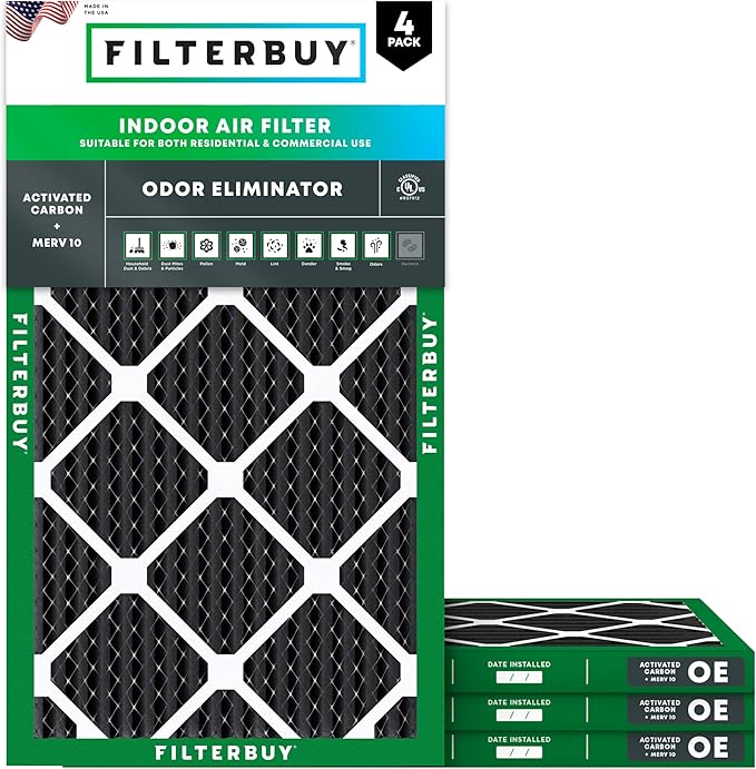 Filterbuy 12x24x1 Air Filter MERV 10 Odor & Allergy Defense with Activated Carbon (4-Pack), Electrostatic Pleated HVAC AC Furnace Filters Replacement (Actual Size: 11.50 x 23.50 x 0.75)