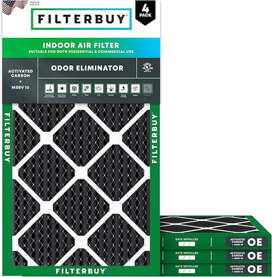 Filterbuy 16x24x1 Air Filter MERV 10 Odor & Allergy Defense with Activated Carbon (4-Pack), Electrostatic Pleated HVAC AC Furnace Filters Replacement (Actual Size: 15.38 x 23.38 x 0.75)
