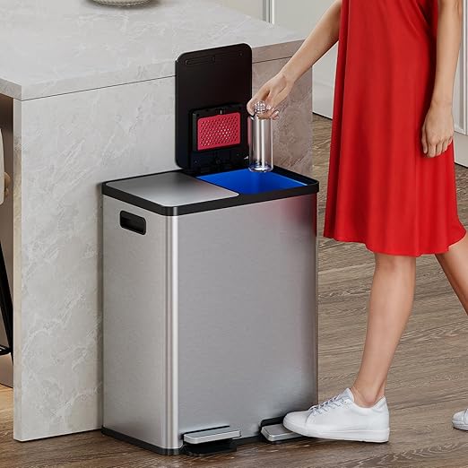 iTouchless SoftStep 60 Liter / 16 Gallon Kitchen Step Trash Can & Recycle Bin with Double Odor Filters and Color-Coded Buckes, Stainless Steel, 2 x 8 Gallon (30L), Soft Close Lid and Airtight Seal