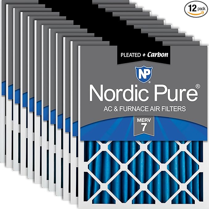 Nordic Pure 18x20x2 (Actual Size: 17 1/2 x 19 1/2 x 1 3/4) Pleated Air Filters MERV 7 Plus Carbon 12 Pack