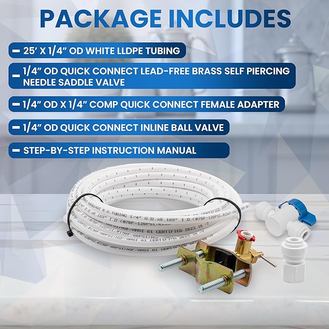 Refrigerator Water Line Kit for Ice Maker, Freezer, Humidifier, Water Filtration System. 25 FT x 1/4” OD Tube, 1/4" OD Quick Connect Self-Piercing Needle Saddle Valve, Adapter, & Ball Valve