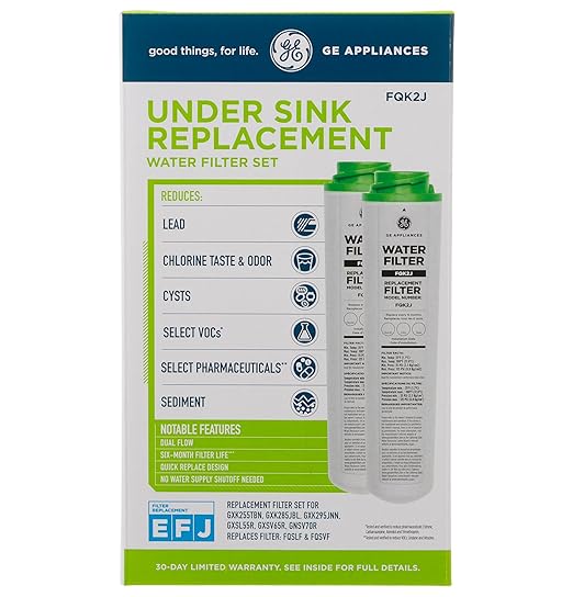 GE Under Sink Water Filter Replacement, Dual Flow, Reduces Sediment, Rust & Other Impurities from Water, Fits GXK255TBN Under Sink Filtration System, Replace Every 6 Months, FQK2J, 2 Filters