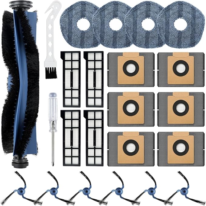 23 Pack Eufy Replacement Parts Kit for Eufy X10 Pro Omni Robot Vacuum Accessories, 1 Main Roller Brush, 4 Hepa Filters, 4 Mop Pads, 6 Dust Bags, 6 Side Brushes, 1 Screwdriver 1 Clean Tool