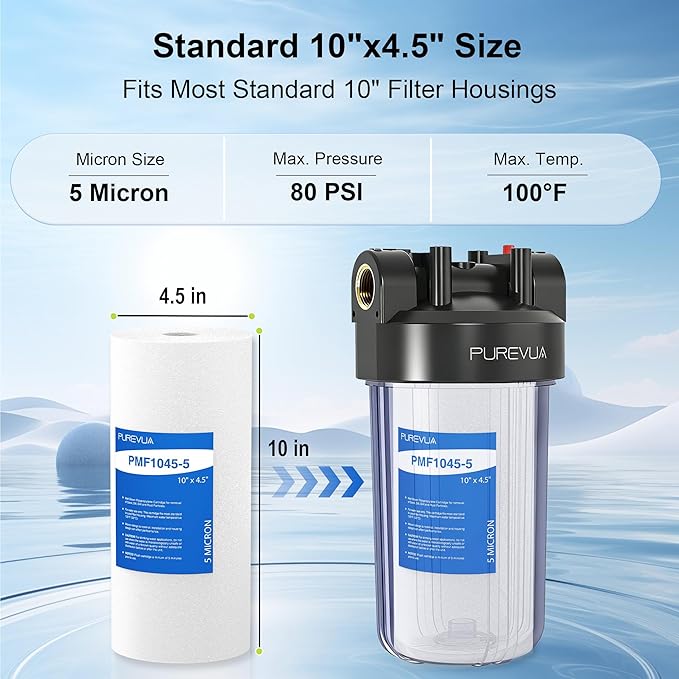10" x 4.5" Whole House Sediment Water Filter, 5 Micron PP Melt Blown Replacement Cartridge for Well Water, Compatible with GE FXHTC, DGD-5005, RFC-BB, W15-PR, Blue/Clear Housing, 4-Pack