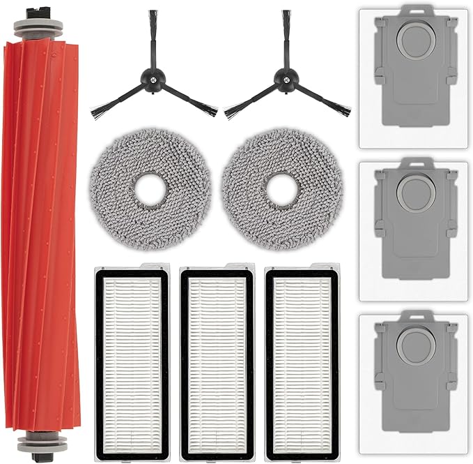 (11 Pack) QRevo S Replacement Parts Compatible with Roborock Qrevo S, Qrevo Pro, Qrevo MaxV, QRevo Plus Robot Vacuum, 1 Roller Brush, 2 Black Side Brushes, 3 Dust Bags, 3 HEPA Filters, 2 Mop Pads
