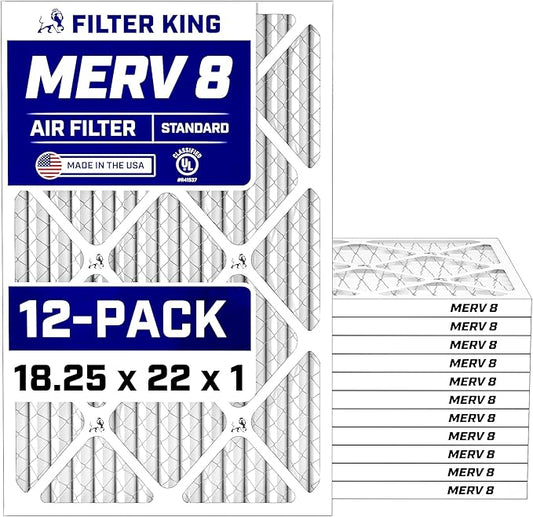 Filter King 18.25x22x1 Air Filter (MERV 8) (12-Pack) Dust & Allergy Control AC Furnace Filters, MADE IN USA, HVAC, Pleated, Electrostatic (Actual Size: 18.25 x 22 x .75)