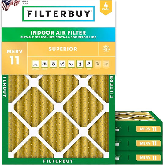 Filterbuy 14x20x2 Air Filter MERV 11 Superior Pet & Allergy Defense (4-Pack), Electrostatic Pleated HVAC AC Furnace Filters Replacement (Actual Size: 13.50 x 19.50 x 1.75)