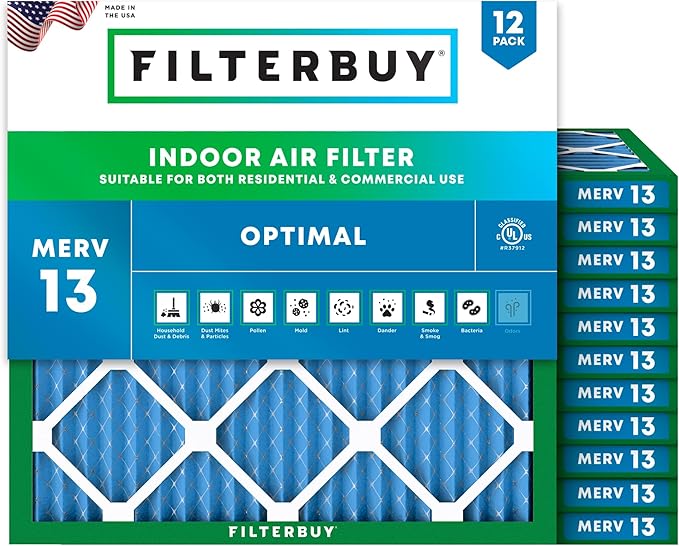 Filterbuy 23.5x23.5x1 Air Filter MERV 13 Optimal Smoke & Allergy Defense (12-Pack), Electrostatic Pleated HVAC AC Furnace Filters Replacement (Actual Size: 23.38 x 23.38 x 0.75)