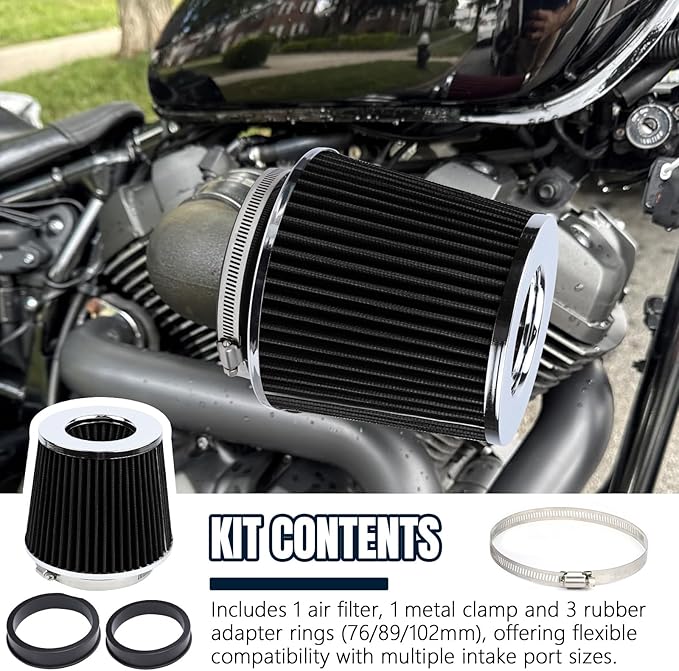 Hovom Universal Clamp-On Air Intake Filter, 76 89 102MM (3/3.5/4in) High Flow Round Tapered Cold Air Intake Filter, High Performance, Washable & Reusable, Engine Filters Replacement (Black)
