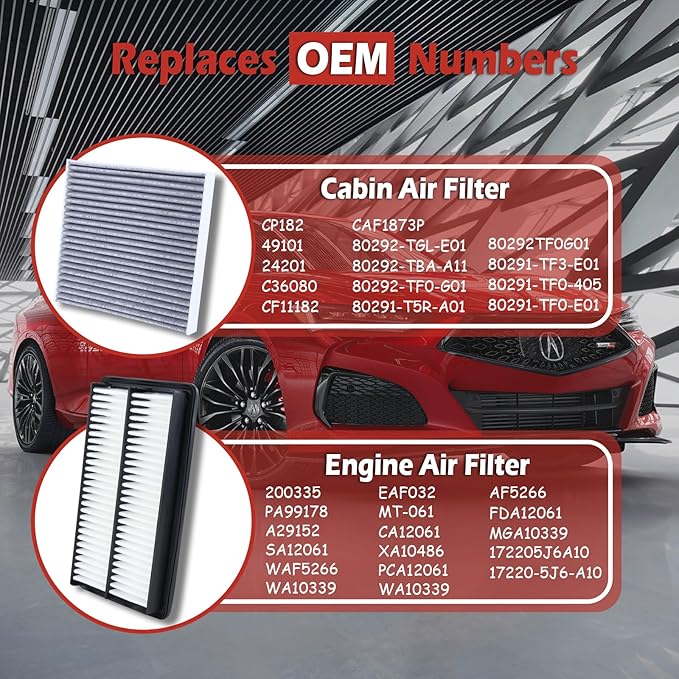 17220-5J6-A10 Engine Air Filter and 80292-TF0-G01 Cabin Air Filter kit Compatible with 2018-2025 Honda Odyssey 2021-2025 TLX Replaces CA12061 AF5266 CF11182 80291-T5R-A01
