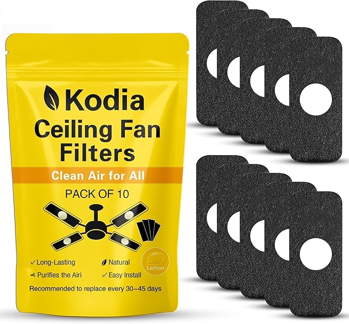 Kodia Ceiling Fan Filters for Blades – Activated Carbon Air Purifier Pads for Dust & Odor Control – Universal Fit Fan Filters with Lemon Scent – 10 Pack + 10 Deodorizing Tablets