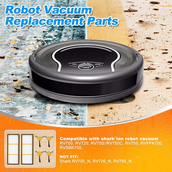 Replacement Parts Side Brushes Pre Motor Filters for Shark ION Robot RV750 RV720 RV755 750 720 Robotic Vacuum Cleaner Replacement Parts Replace RVFFK700 & RVSBK700 (2 filter + 4 brush)