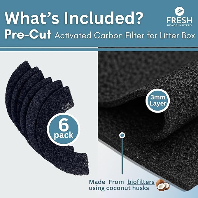 Pre-Cut Activated Charcoal Filter - Compatible with Litter Robot 5, Evo and Litter Robot 4 Carbon Filters for Odor Control, Deodorizer & Dust Reduction Made in USA - 6-Pack