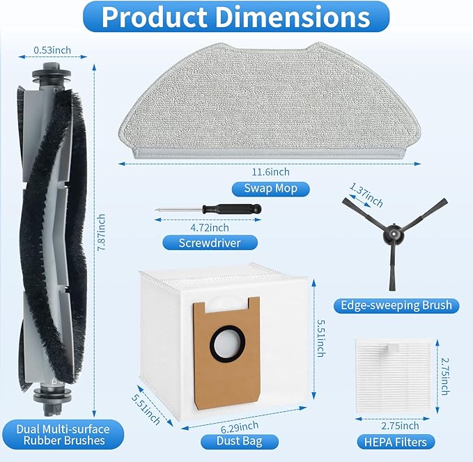 23 Pack Replacement Accessories Parts for AIRROBO T20+/T25+/T30+/T25+C Robot Vacuum kit, 1 Main Roller Brush 4 Mop Pads 4 Hepa Filters 6 Side Brushes 6 Dust Bags 1 Clean Tool 1 Screwdriver