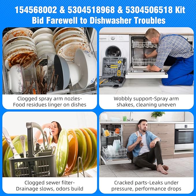 154568002 Dishwasher Lower Wash Arm and 5304518968 Support and 5304506518 Trap Drain Filter for Frigidaire Electrolux 154568001 PS12585623 154414101 154250901 (Grey)