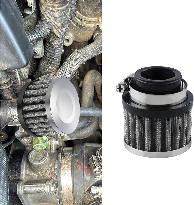 Air Filter, Valve Cover Breather, 25mm Auto Crankcase Cold Air Filter Cleaner with Adjustable Clamp, Breather Turbo Vent Cleaner Automotive Accessories Fit for Cars and Motorcycles (Silver)
