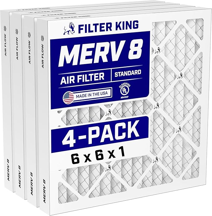 Filter King 6x6x1 Air Filter (MERV 8) (4-Pack) Dust & Allergy Control AC Furnace Filters, MADE IN USA, HVAC, Pleated, Electrostatic (Actual Size: 5.5 x 5.5 x .75)